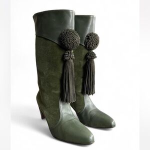Chic Olive Morris Green Heeled Boots with Tassel Detail